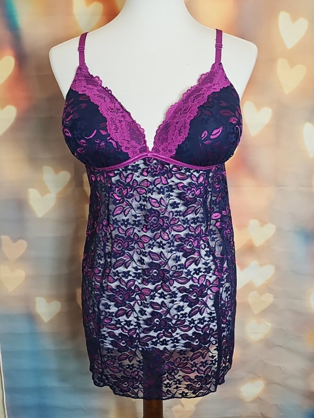 Lilac+London Stretch Lace Molded Cup Chemise Navy Blue Lavendar Sheer XXL 2XL